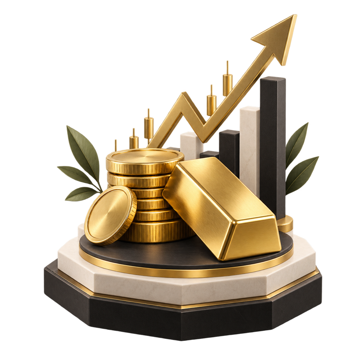 Monedas y lingote de oro con gráfico ascendente